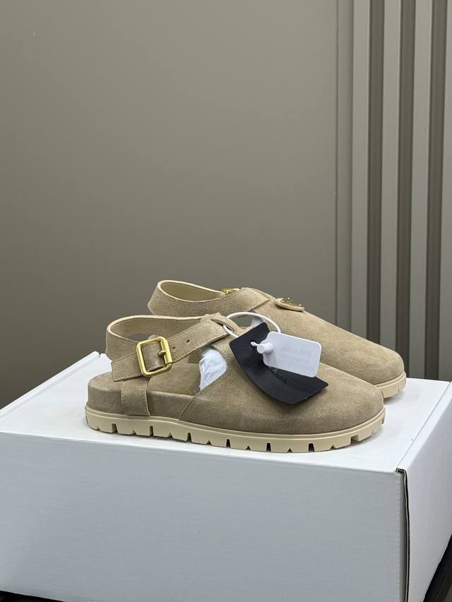 Top-Quality Prada Ss25 Birkenstock-Style Shoes With Suede And Raffia Weaving. Pr