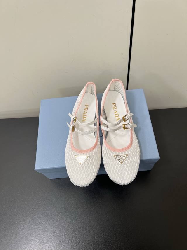 Prada 25 Spring/Summer New Arrival Triangle Logo Fishnet Sexy Mary Jane Ballet F