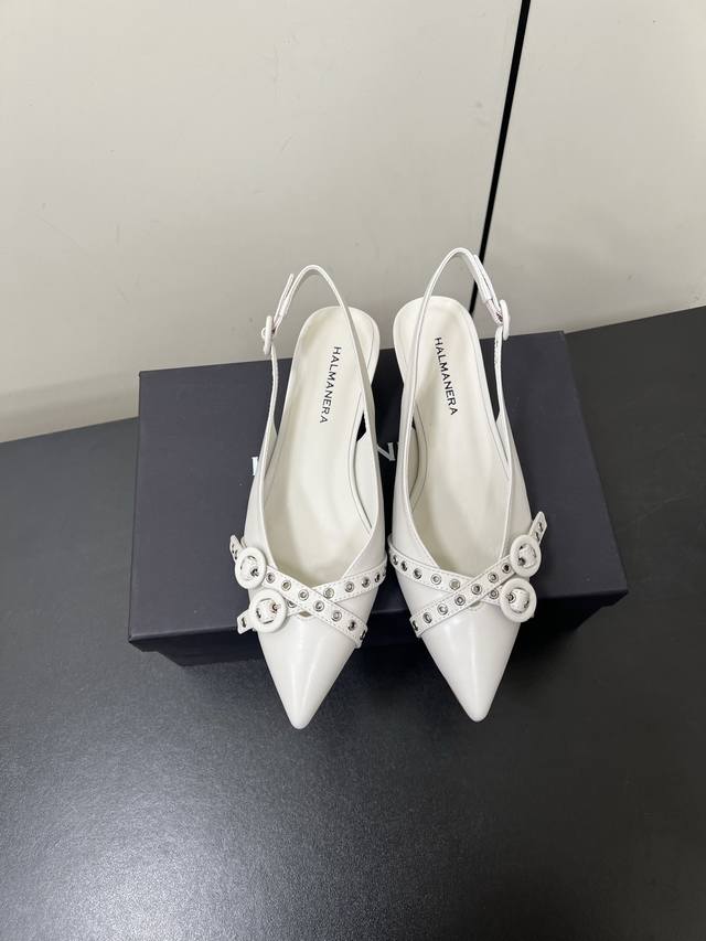 Halmanera25 Spring/Summer New Arrival Cat-Heel Pointed-Toe Buckle Back-Open Sand
