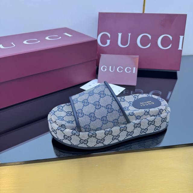 Factory Price Pp Gucci Thick-Soled Classic Gg Embroidered Canvas Slippers Leg-Le