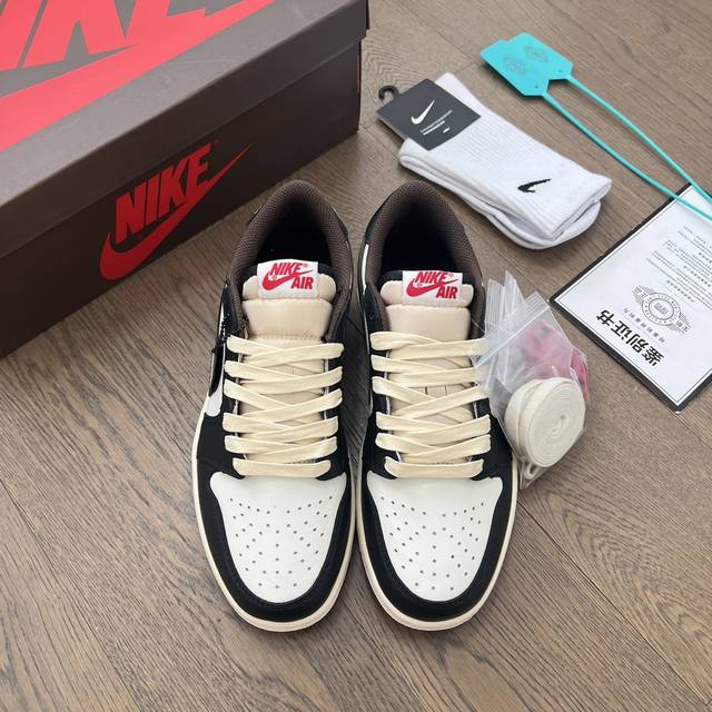 Premium Air Jordan 1 Low Black Mocha Reverse Swoosh Colorway Cracked Texture Ret