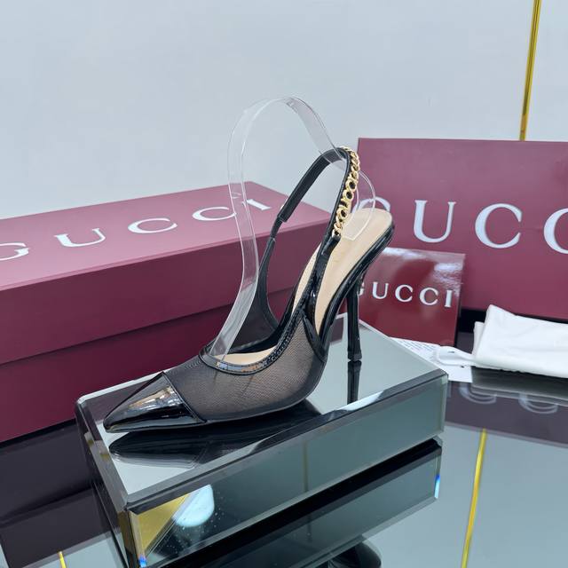 Factory Price Pp Gucci Gucci 25 Chain High-Heel Sandals Fabric: Mesh + Lacquered
