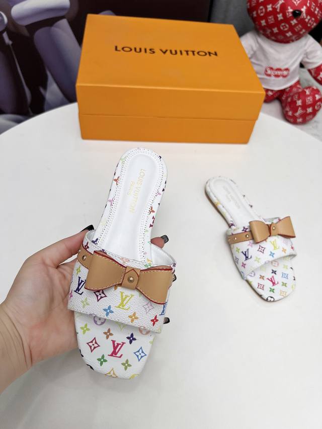 Lv Louis Vuitton New Denim Denim Cat-Heel Bow Flip-Flops 2025 Summer Must-Have F