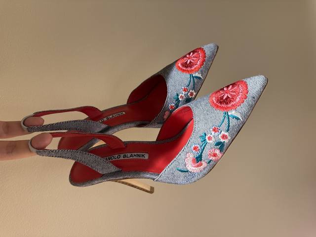 Manolo Blahnik Classic Floral Embroidered Hand-Sewn Vintage High-Heeled Sandals,