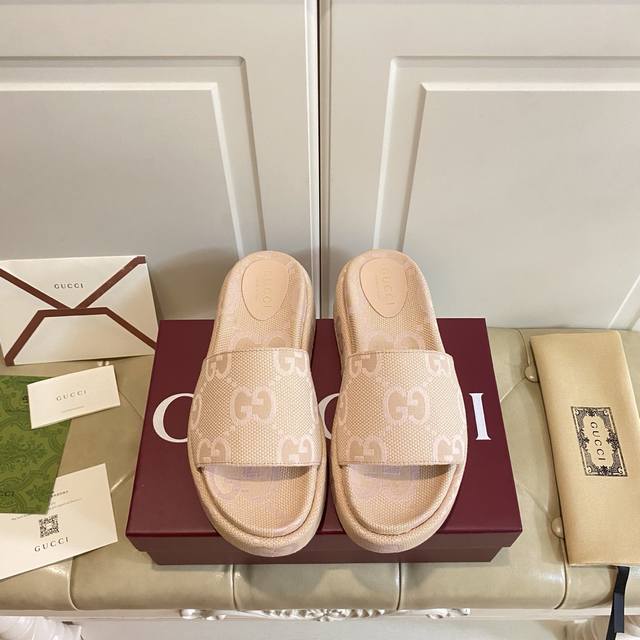 Factory Price P, Gucci Thick-Soled Slippers, Jacquard Canvas Upper (Sizes 35-44)