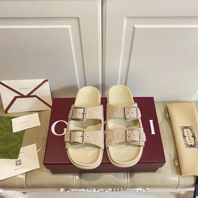 Factory Price P, Gucci New-Style Slippers, Embossed Leather Upper, Sheepskin Lin