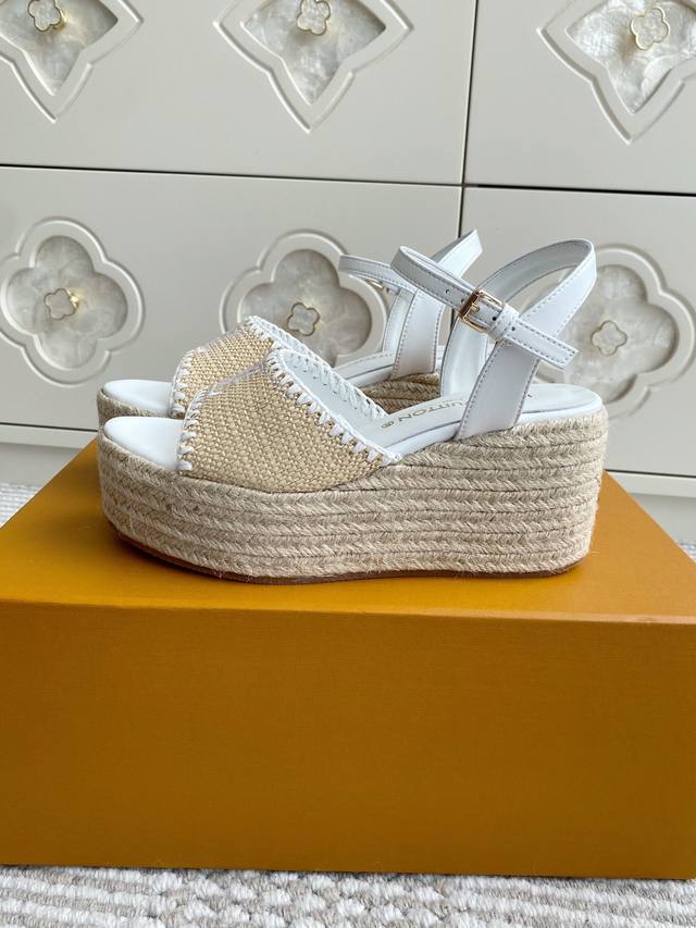 L&V Donkey House Lv Raffia Grass-Braided Wedge Sandals Top-Quality This Helios W