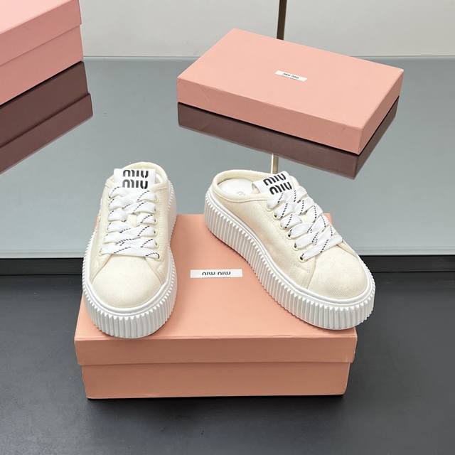 Featured Style 2025 Ss Miu Miu Thick Sole, Loose Sole Half-Slip, Canvas Shoes A