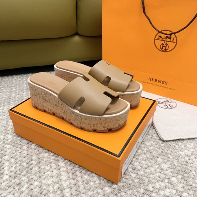 Premium Edition Light Brown Herm S H-Line Eze30 Thick-Soled Platform Sandals In