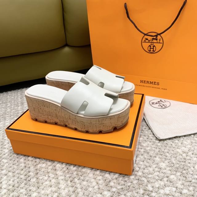 Premium Edition, Gray-White Herm S*S H-Line Eze30 Thick-Soled Platform Sandals,