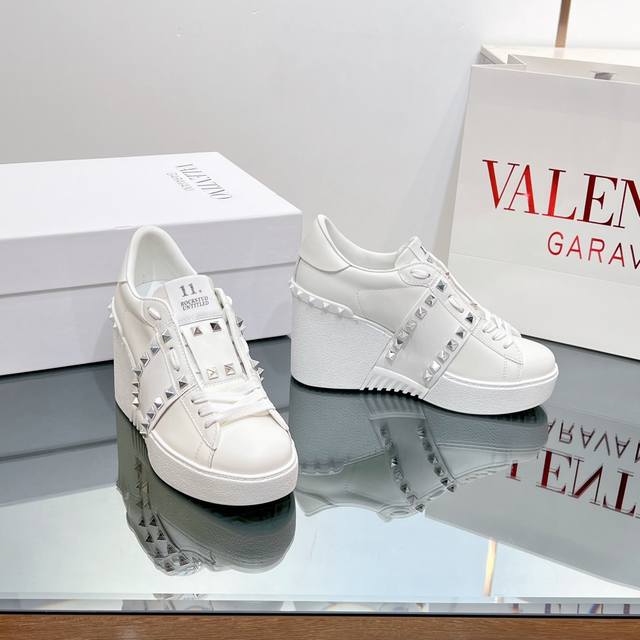 Top-Tier Version Valentino Women's Studded Calf Leather Wedge Heel Sports Shoes,