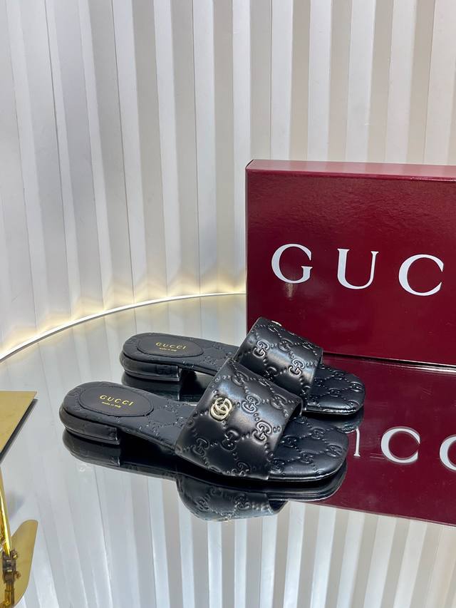 Gucci New Mini Calfskin Gg Embossed Double G Buckle Sandals! Original Quality! E