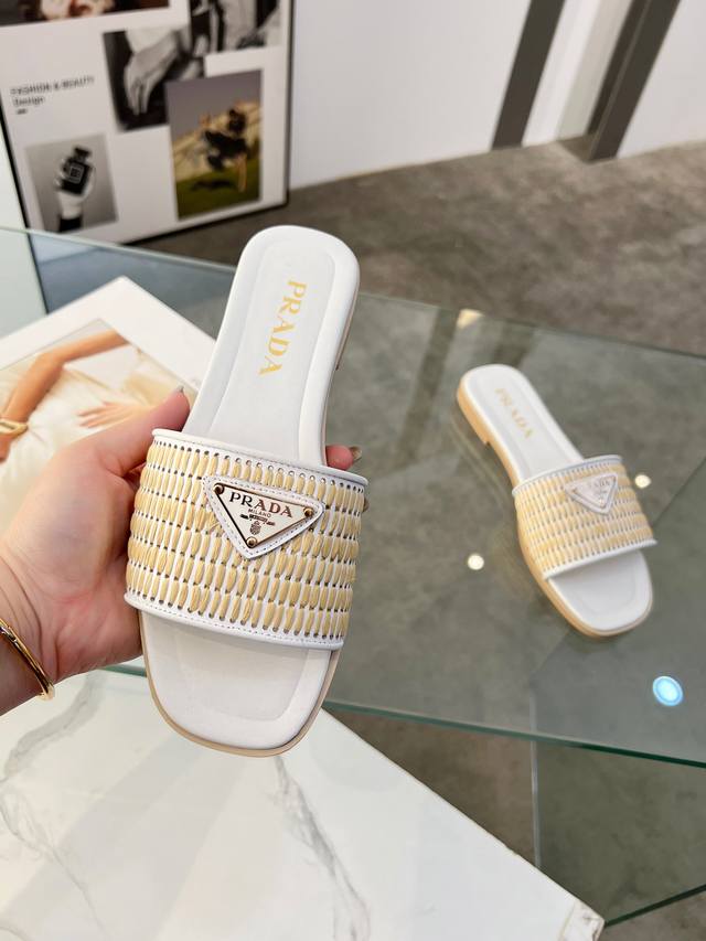 Leather Sole + 40 Prada 2025 Classic Triangle Logo Series. Handwoven Pp Straw En