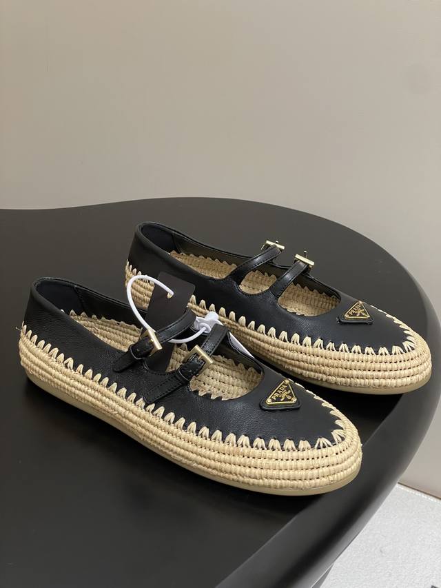 25Fw Spring/Summer New Prada Raffia Mary Jane Shoes With Triangular Logo Retro W