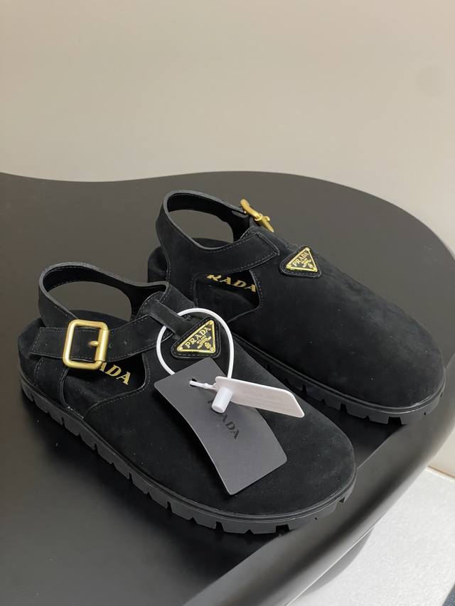 25Fw Spring/Summer New Arrival Prada Suede-Trimmed Backless Sandals With Buckle