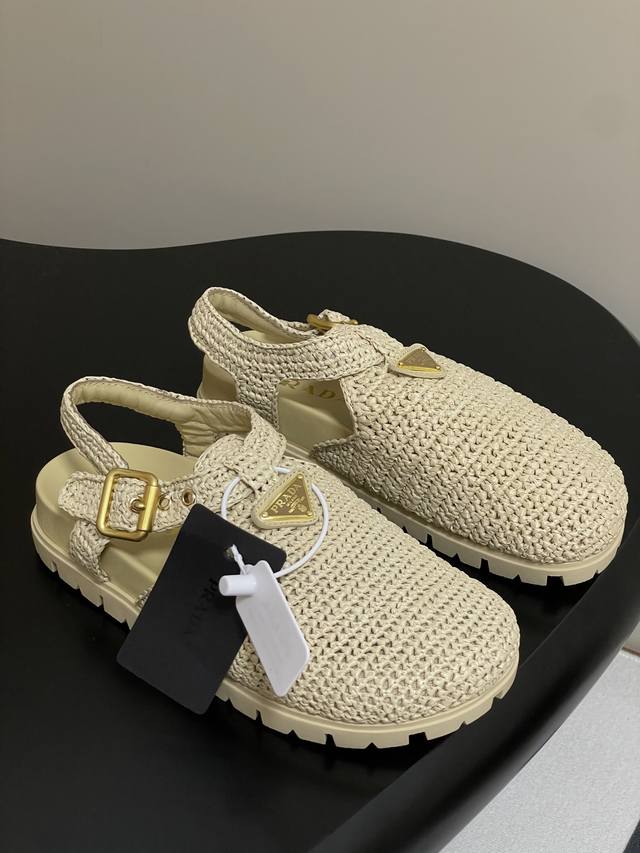 25Fw Spring/Summer New Arrival Prada Raffia Woven Toe-Post Open-Back Sandals Thi