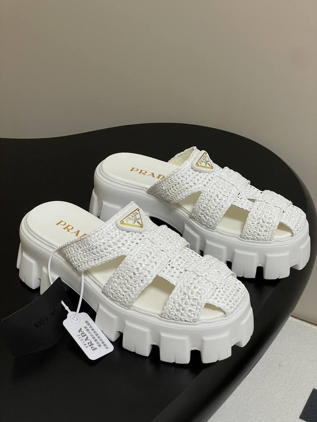 25Fw Spring/Summer New Arrival Prada Raffia Woven Monolith Thick-Soled Sandals W