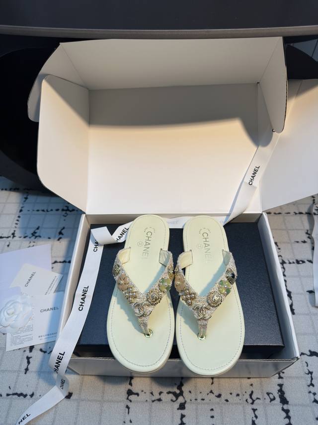 Chane* Emblem Flower Buckle Lambskin Tweed Toe-Post Sandals This Emblem Sandal F