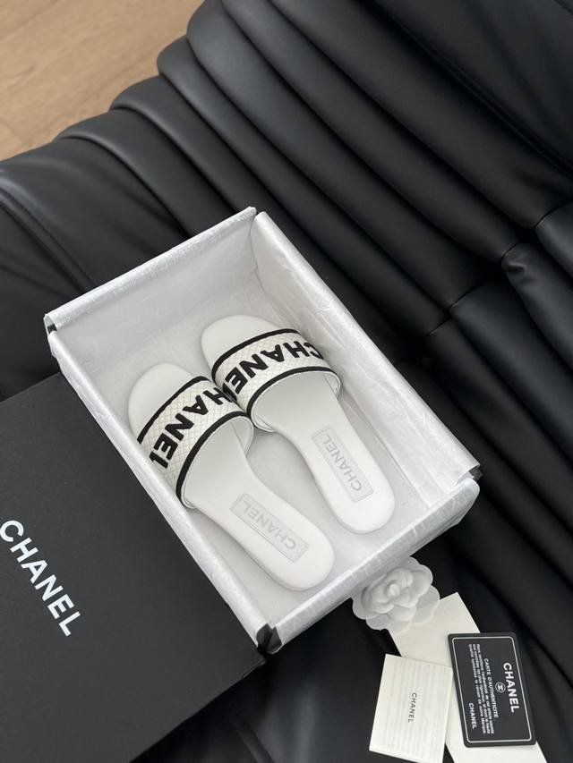 Chanel 24P New Arrival Woven Embroidered Letter Slippers Woven Upper, Sheepskin