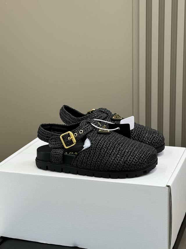 Prada Ss25 Birkenstock-Style Shoes With Suede And Raffia Weaving. P-Brand's New