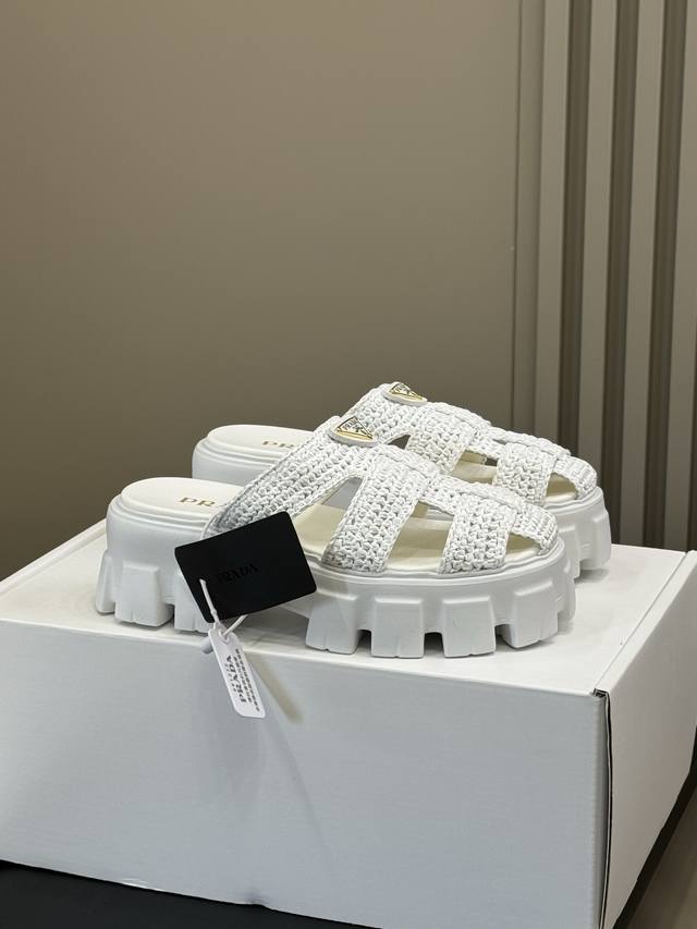 Prada Ss25 New Arrival ~ Prada Raffia Thick-Soled Slippers. Perfect For Summer W