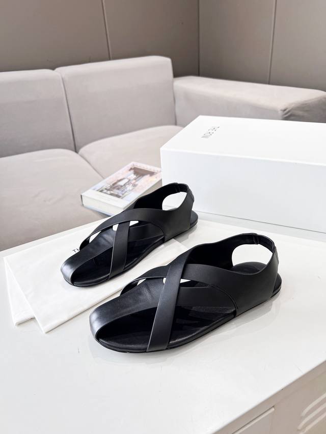 The Row Retro Cross-Strap Leather Roman Sandals Casual Flat Open-Toe Fashion San