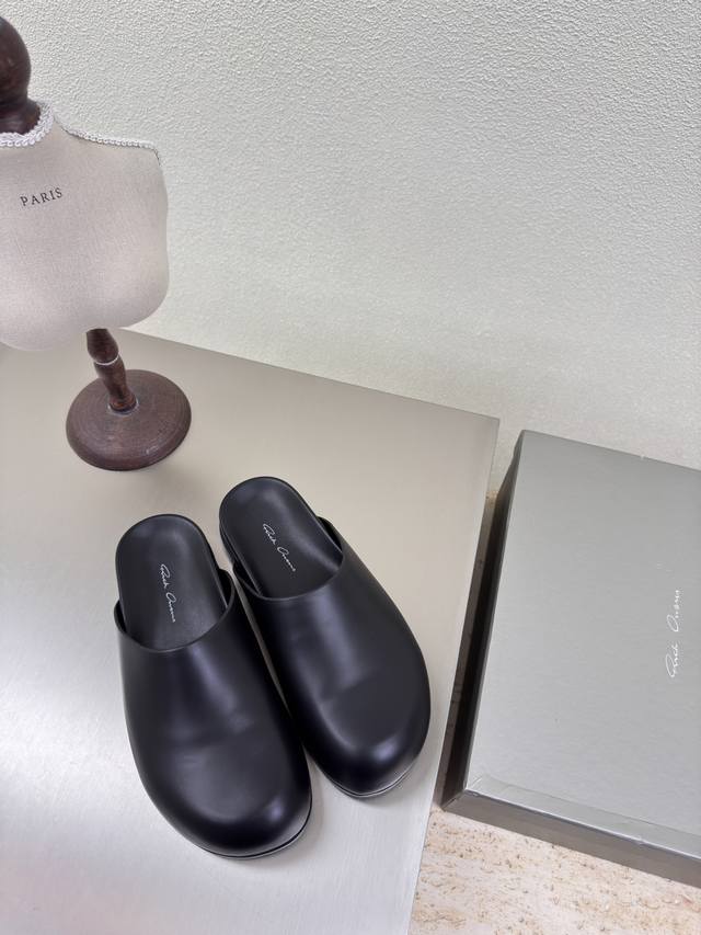 Owens Slippers Rick Owens-24Fw Thick Sole Ro Series Cowhide Series Black Cowhide