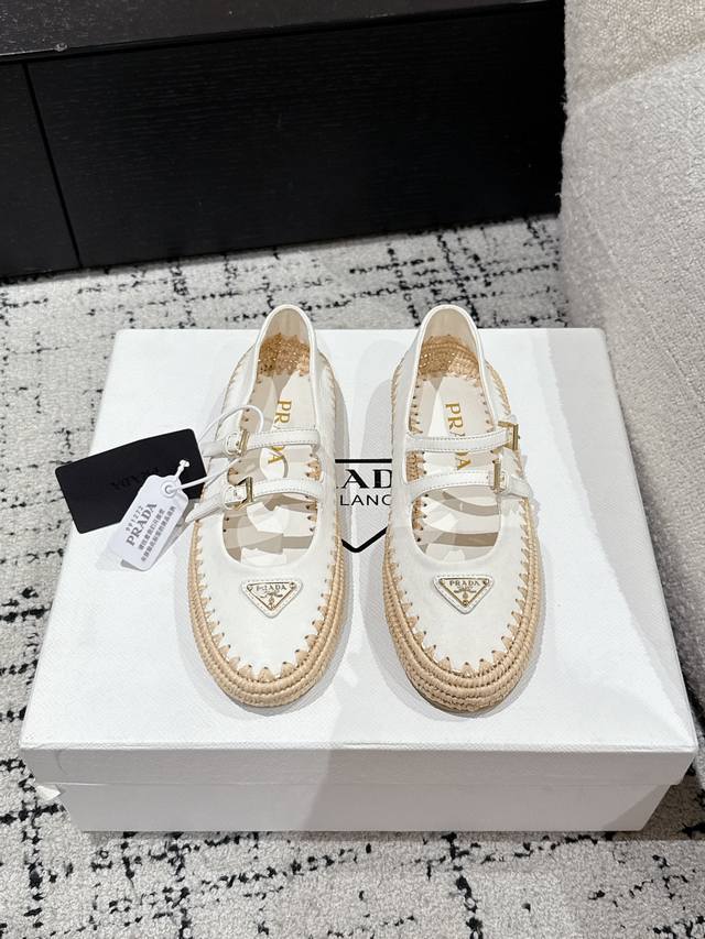 Top-Tier Version Prada 25 Latest Raffia-Woven Mary Jane Flat Shoes, Authentic St