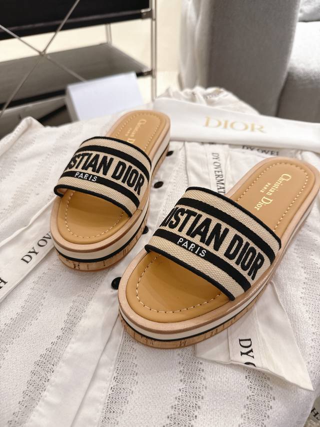 Factory Price P Dior Dway Striped Thick-Soled Embroidered Sandals. This Dway Thi