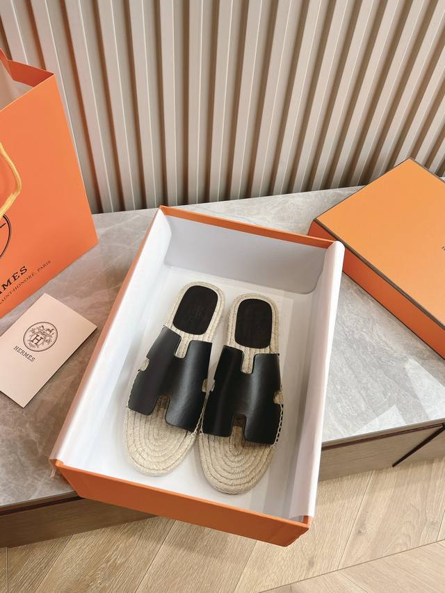 Factory-Made Top-Tier Version Herm S H-Brand Antigua Straw-Woven Slippers - Genu