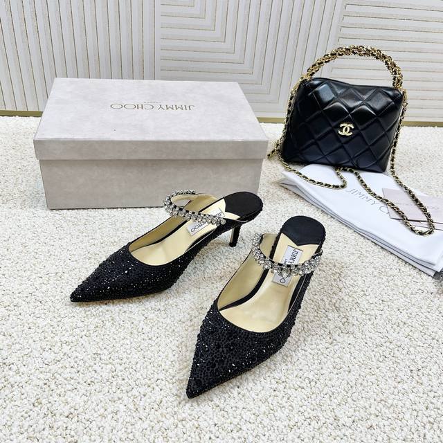 Jimmy Choo Zhou Yangjie Jc New Crystal Diamond High-Low Mule Sandals Genuine Lea
