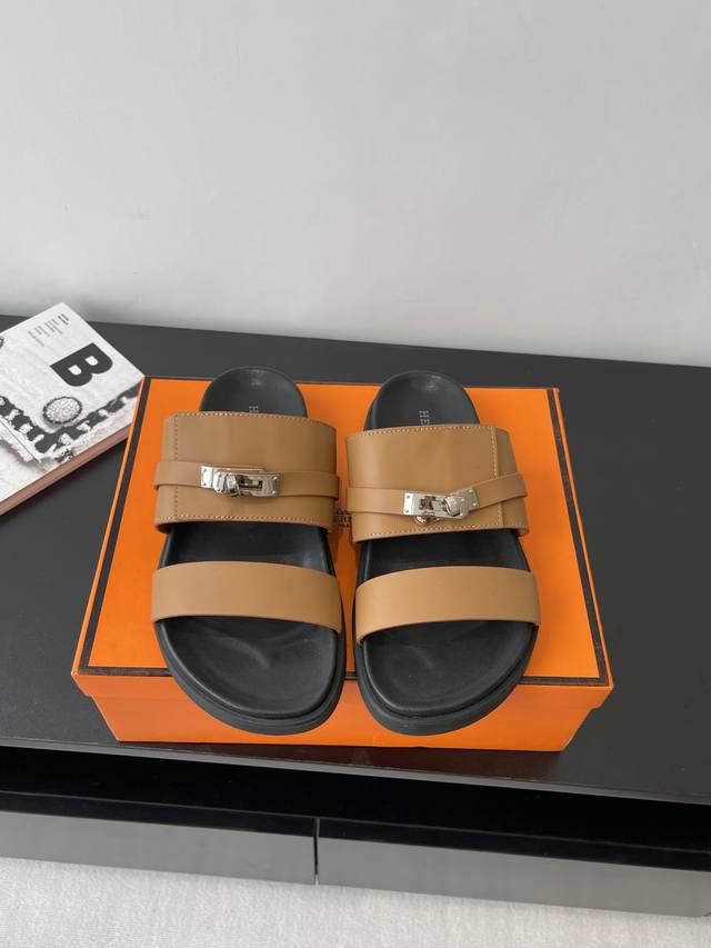 Men's 10 Hermes Herm S Calfskin Functional Sandals With Ergonomic Rubber Soles A