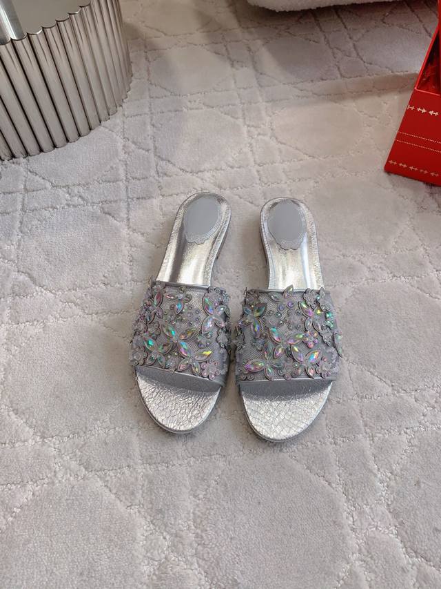 Factory Price P Ren* Caovill* Heavy-Duty Butterfly Crystal Flat Sandals Bling Bl