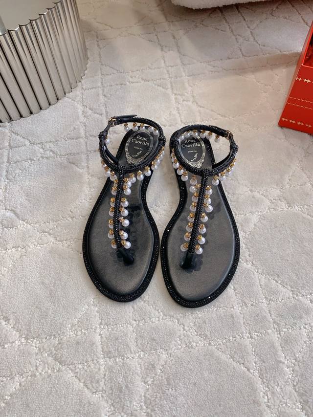 Factory Price P Ren* Caovill* Pearl Pendant Fairy Flat Sandals, Exuding Ethereal