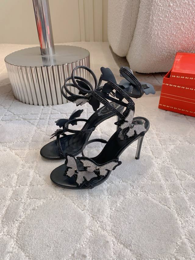 Factory Price P Ren* Caovill* Crystal Butterfly High-Heel Sandals Bling Bling, E