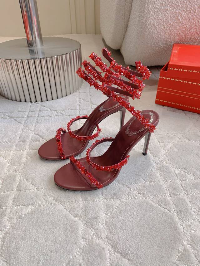Factory Price P Ren* Caovill* New Crystal Snake-Shaped Heel High-Heeled Sandals