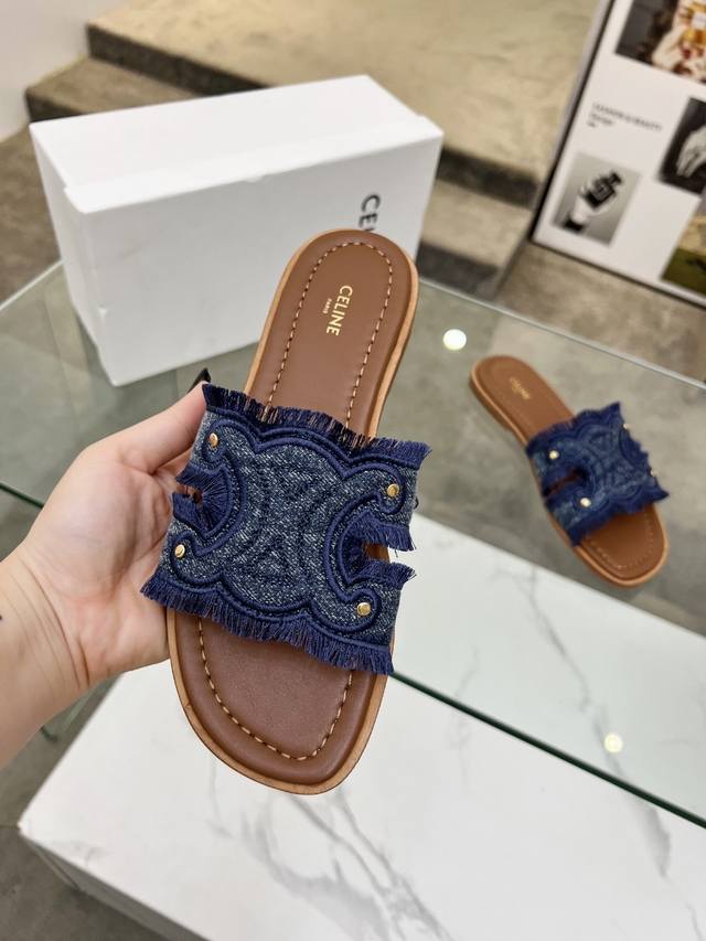 Genuine Leather Sole Celine 2025 Spring/Summer New Arrival Slippers. The Upper F