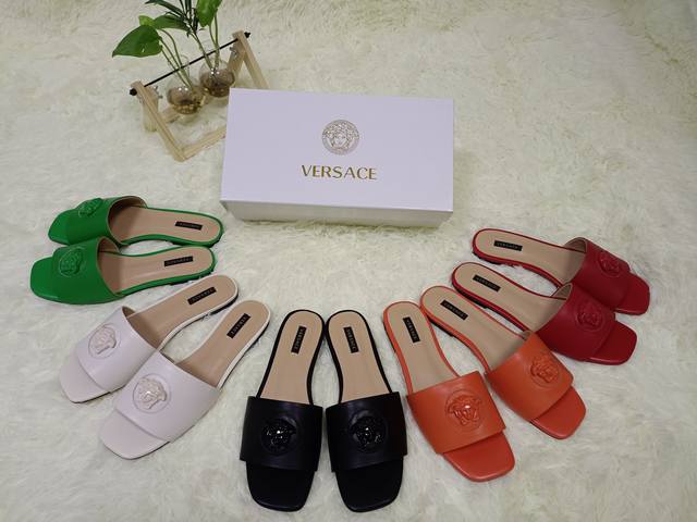 19011-15 Versace Counter-Style Flat Sandals, Available In Black, Red, Beige, App