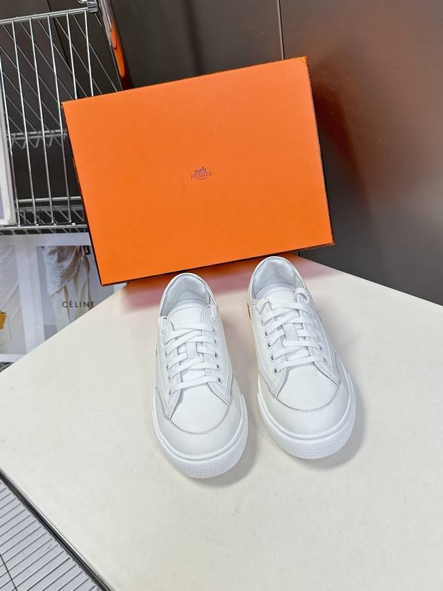 Men's 10 Hermes Classic Casual White Sneakers Couple's Edition Top-Tier Version,