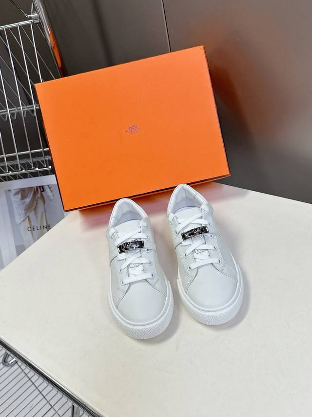 Men's 10 Hermes Kelly Buckle Classic Casual White Sneakers Couple's Edition Top-