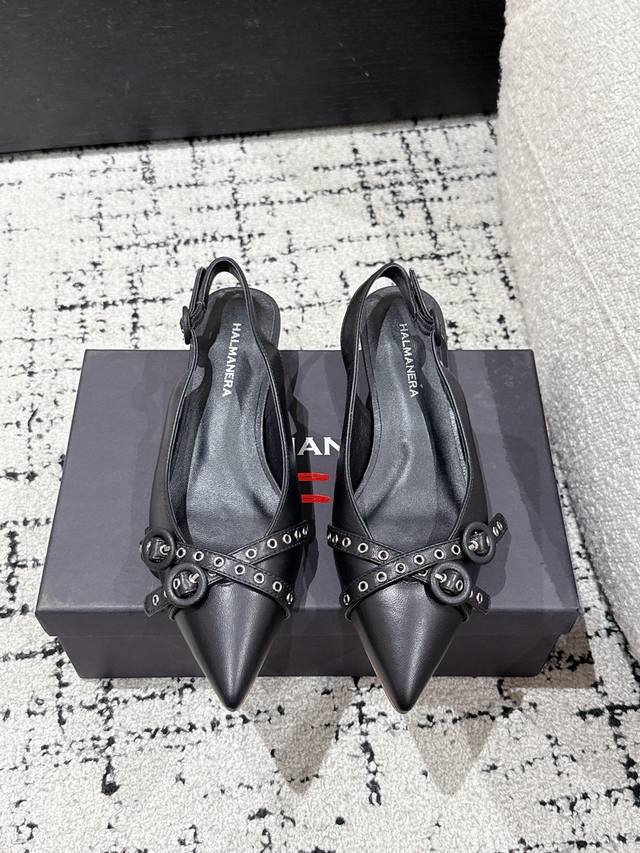 Halmanera 25 Spring/Summer New Arrival Cat-Heel Pointed-Toe Strap Back-Open Sand