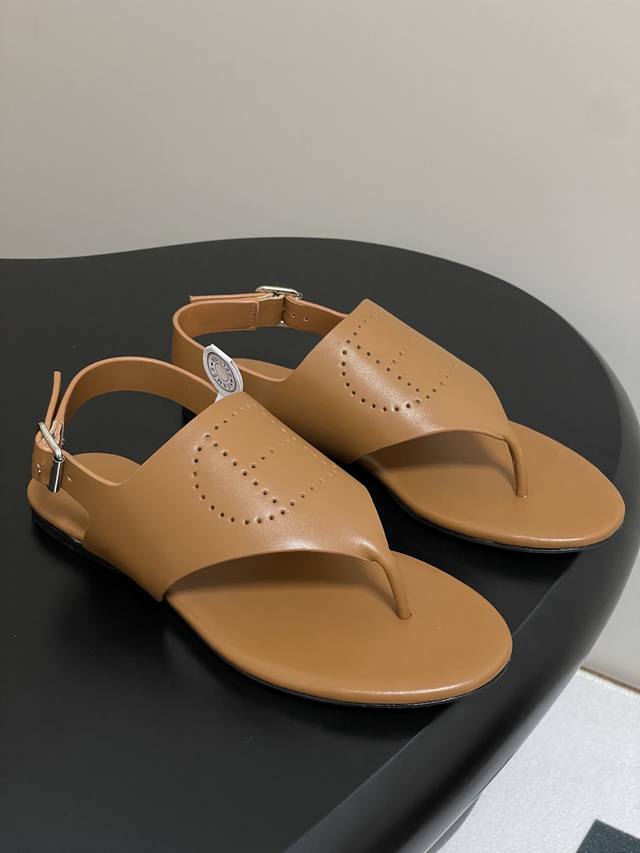 Top-Quality Herm S H-Shaped Laser-Cut Toe Strap Sandals. Simple Design With High