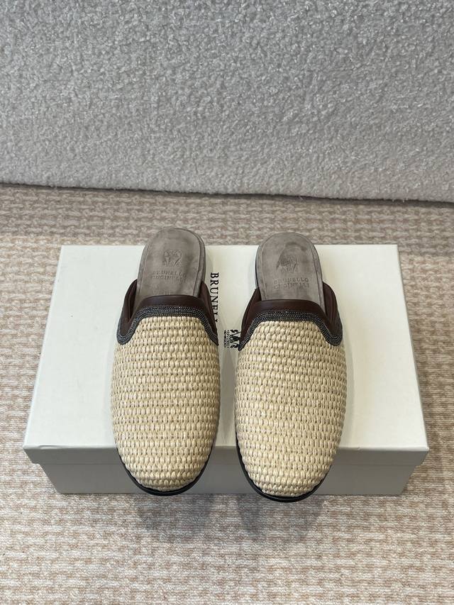 P Half-Slip-On P-Strap Sandals Brunello Cucinelli New Straw-Woven Bc Flat Half-S