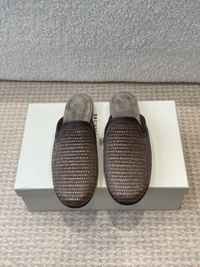 P Half-Slip P-Strap Sandal Brunello Cucinelli New Straw-Woven Bc Flat Half-Slip