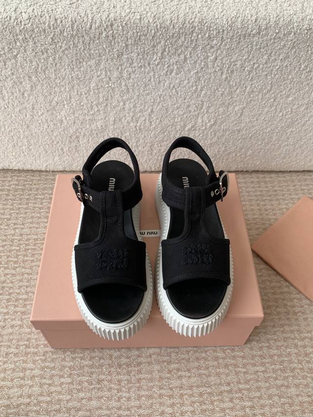 Miu Miu 25Ss Spring/Summer New Arrival Platform Thick-Soled Canvas Roman Toe-Exp