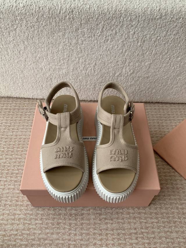 Miu Miu 25Ss Spring/Summer New Arrival Chunky Sole Canvas Roman Toe-Exposed Casu