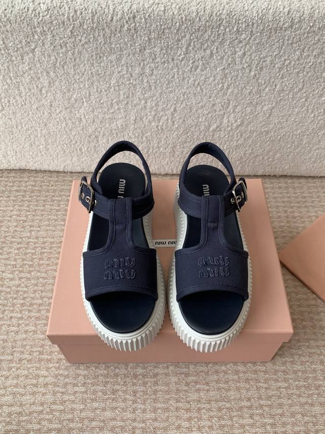 Miu Miu 25Ss Spring/Summer New Arrival Platform Thick-Soled Canvas Roman Toe-Exp