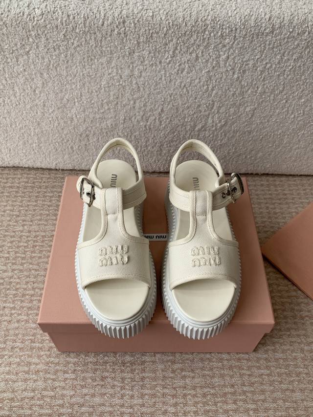 Miu Miu 25Ss Spring/Summer New Arrival Platform Thick-Soled Canvas Roman Toe-Exp