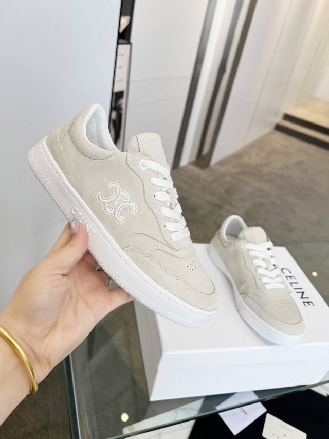 Celine Block Triomphe Calf Leather Couple's Sneakers With Celine Logo Embossed O