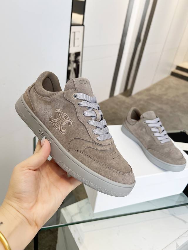 Celine Block Triomphe Cowhide Leather Couple's Sneakers With Celine Logo Embosse